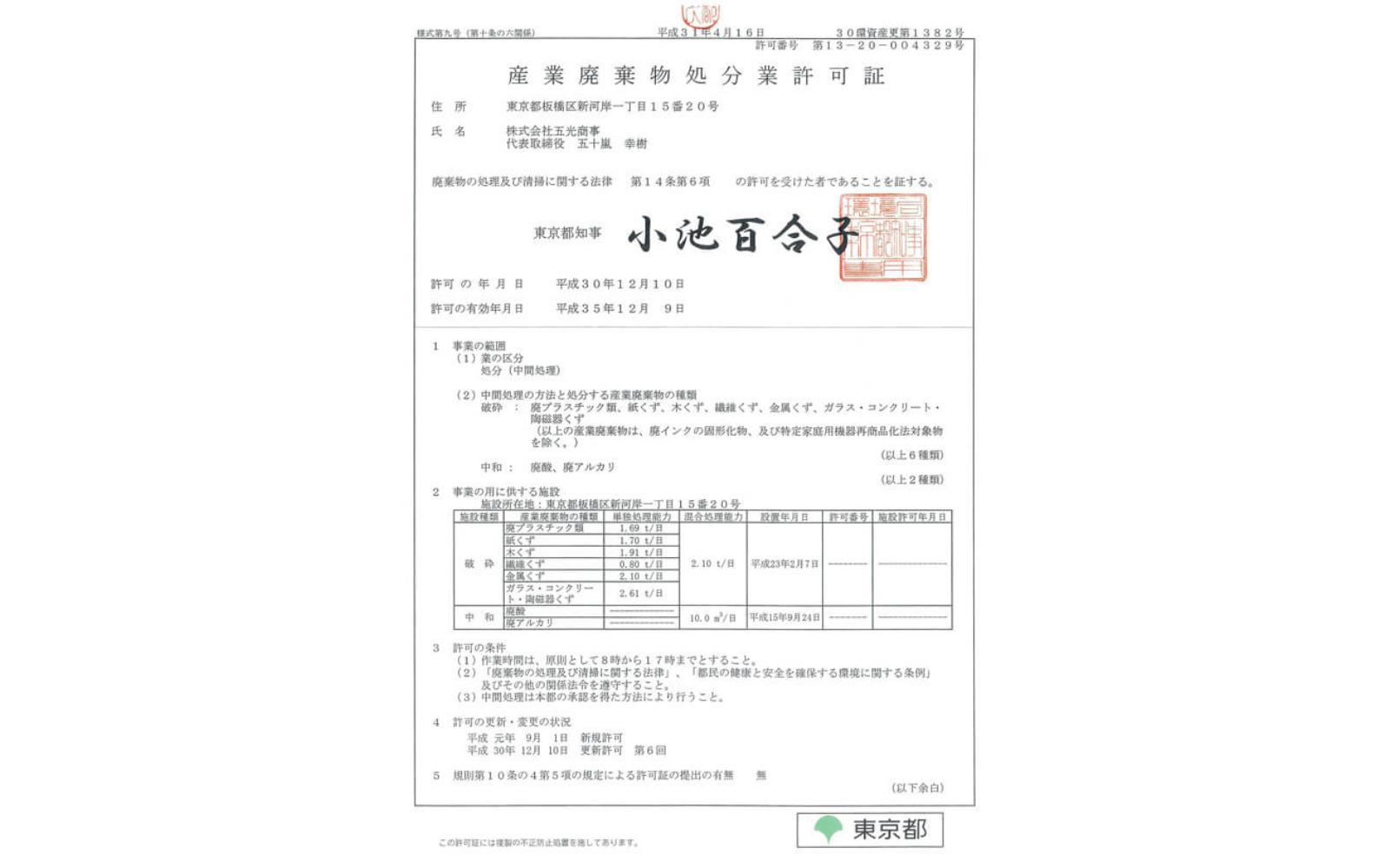 産業廃棄物処分業許可証（東京都）